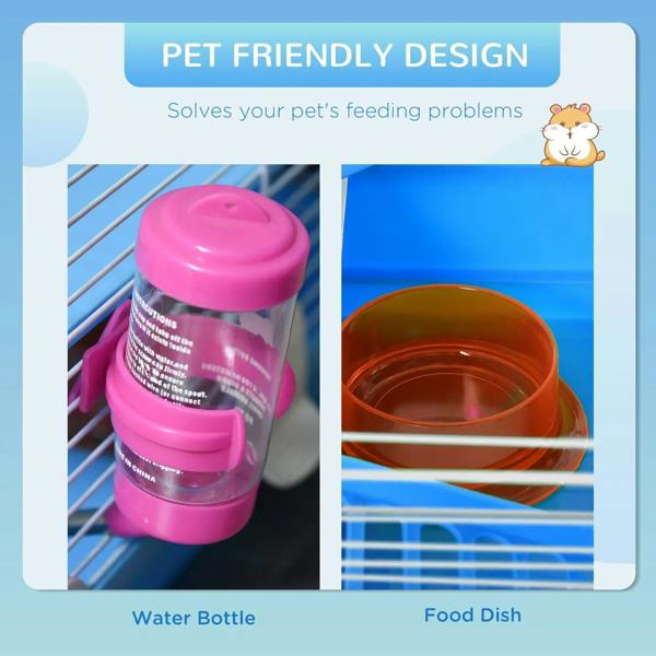 Blue hamster cage set with pink water bottle and food dish inside