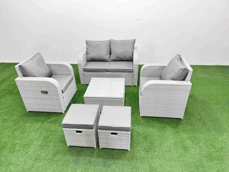 Fimous Light Grey PE Wicker Rattan Garden Furniture Set Sofa Set Reclining Adjustable Chair Square Coffee Table 6 Seater 2 Small Stools