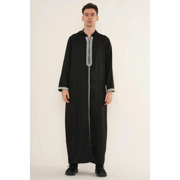 Men's Hooded Gandoura Embroidery Moroccan Thobe - Black - Thobez - 4