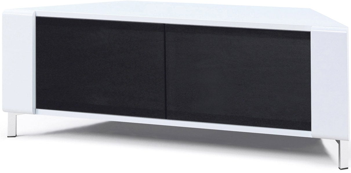MDA Designs CORVUS Corner-Friendly Gloss White Contemporary Cabinet with White Profiles Black BeamThru Glass Doors for Flat Screen TVs up to 50"