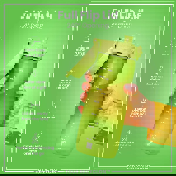 A green water bottle with a 240° opening lid is held by a hand; the bottle is marked with milliliters and ounces. The background is green. The lid folds back fully, offering a safer view.