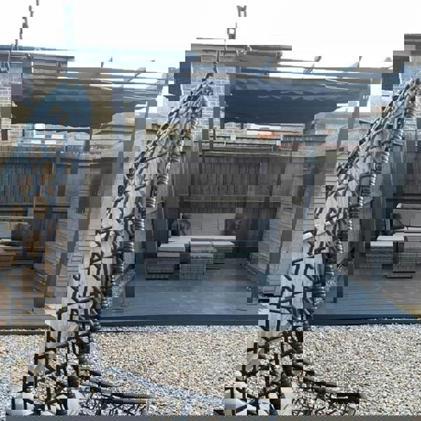 Outdoor patio with seating and pergola