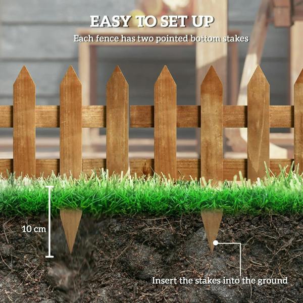 Brown wooden picket fence edging with two pointed bottom stakes for easy ground insertion