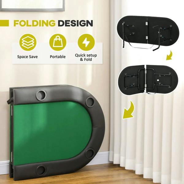 Folding oval poker table shown folded and open, with green felt and black cup-holder ports