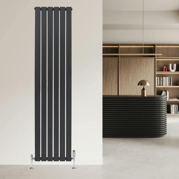 Flat single column radiator in anthracite grey, 1800 x 420mm, featuring a sleek vertical design against a modern interior backdrop