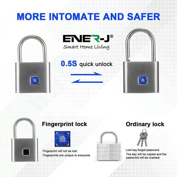 ENER-J Smart Fingerprint Padlock, USB Rechargeable Biometric Lock, 10 User Access, 9,000 Unlocks, Gym, Lockers, Bikes & Travel, Black