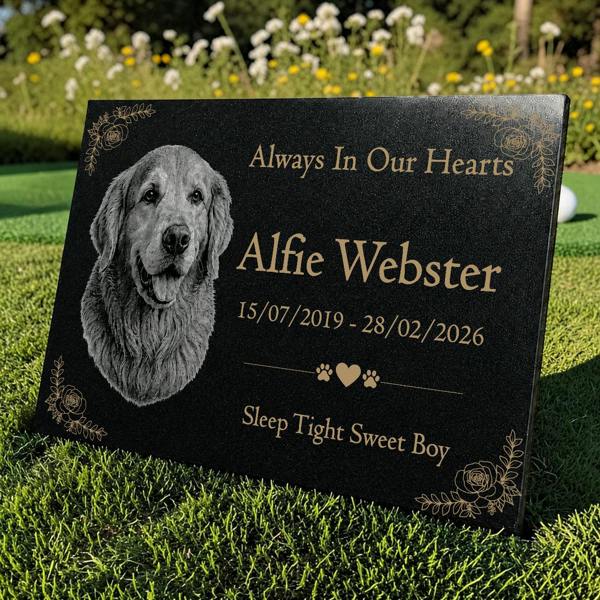 Memorials Direct Dog Memorial Granite Photo Plaque - Floral Design