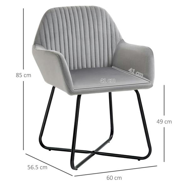 Grey upholstered accent arm chair with channel back, curved arms, and black metal sled base