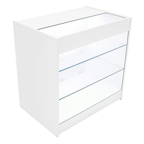 Triton LED Shop Counter Set in white, featuring a sleek design with glass shelves and a modern finish, ideal for retail displays