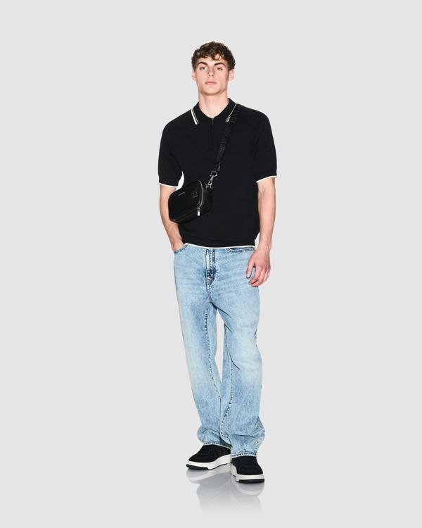 Armani Exchange Mens Zip Placket Knit Polo - Black UC001 - CHO - Designer Mens Short Sleeve Polo Shirts