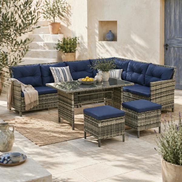 Wyld Haus Rarapa Rattan Dark Blue 7 Seater Garden Sofa Set With Glass Table And Cushions
