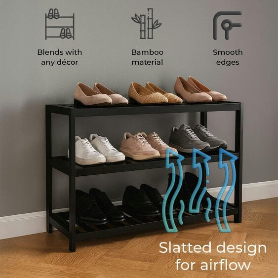 Neo Black 3-Tier Bamboo Shoe Rack Stand Natural Wooden Shoe Storage Shelf for Hallway Bedroom Bathroom