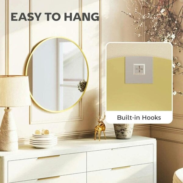 Bobobiy 61cm Decorative Wall Mirror for Bedroom Living Room, Modern Round Bathroom Mirror for Home Decor, Gold Tone