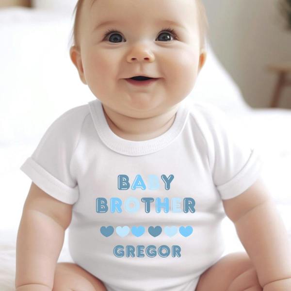 Personalised Blue Baby Brother Baby Grow, Vest or Bib with Name