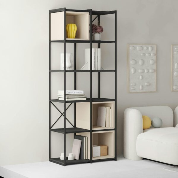 Decortie Modern Vale Midi Bookcase Display Unit 5-Tier Metal Frame 3 Adjustable Shelf 18mm Engineered Wood (Black Wood