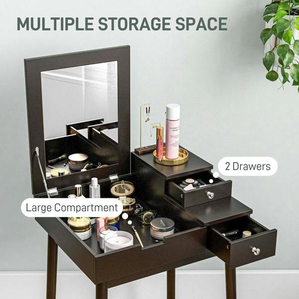Black makeup vanity table with flip-up mirror, multiple compartments, and two drawers
