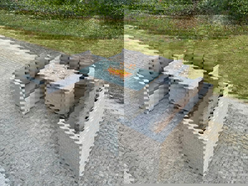 Fimous Light Grey U Shape Lounge Sofa Dining Set With Gas Fire Pit Dining Table Garden Furniture Set Heater Burner