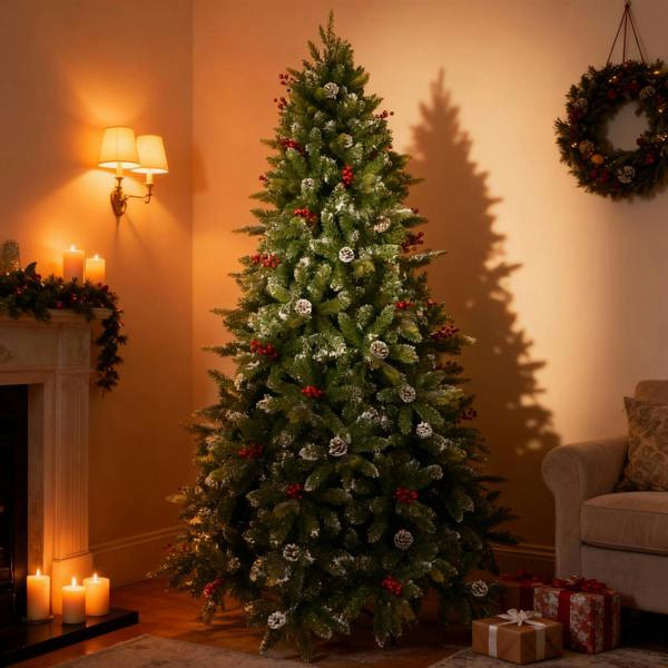 4ft to 8ft Stockholm Pine Artificial Christmas Trees with Berries, Frosted Cones and Mixed Tips image 8