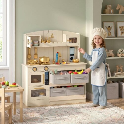 AIYAPLAY Kids Play Kitchen with Lights & Sounds, 4 Fabric Drawers, Cream