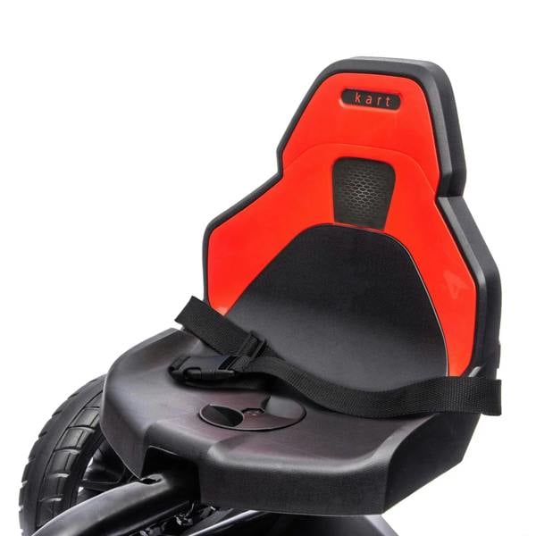 Red kids pedal go-kart seat with black cushion and adjustable strap