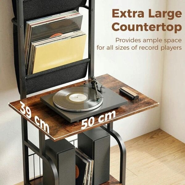 Bobobiy Vinyl Record Player Stand Record Storage with Player Stand Oxford Fabric Pockets Bottom Shelf Rustic Brown and Black