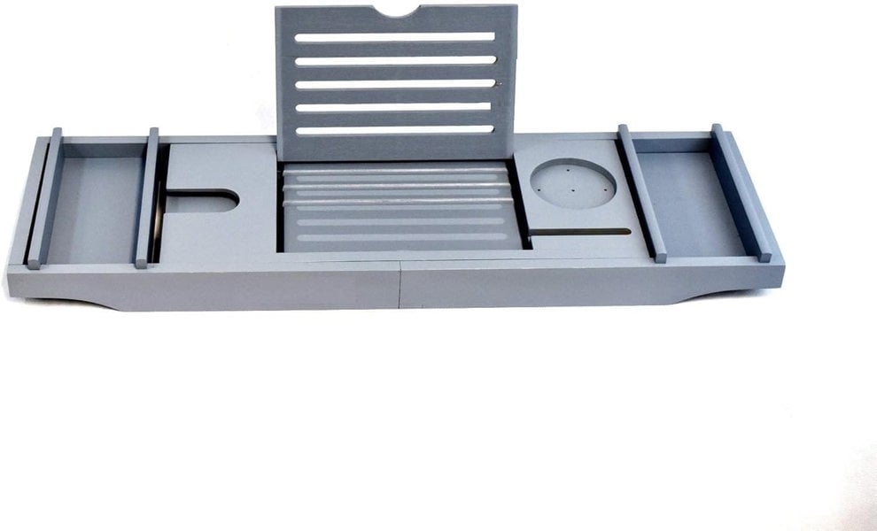 MANTRARAJ Bamboo Bath Tray Extendable Bath Caddy Trays for Bathtub Accessories with Tablet Slots Candle Cup Holder Grey
