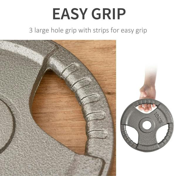 Cast iron weight plate with three large grip holes and raised edge, speckled gray