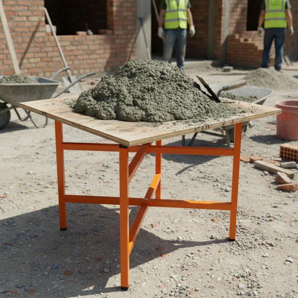 Three sturdy mortar board stands, 500mm high, featuring a wooden top and bright orange metal legs, supporting a mound of wet concrete