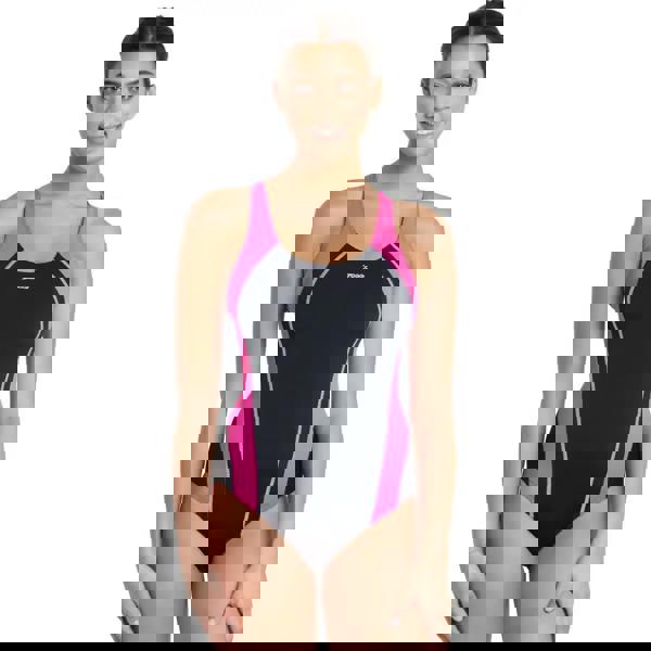 Black and pink Zoggs Eaton Flyback swimsuit with silver accents