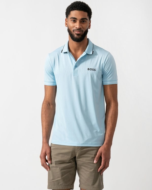 model wearing a BOSS Green Paul Pro Mens Tipped Polo Shirt in Light Pastel Blue