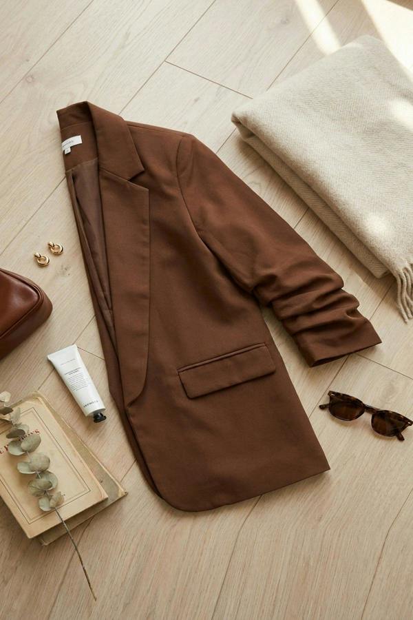 Valerie Ruched Sleeve Open Front Blazer Jacket With Front Pockets - Brown
