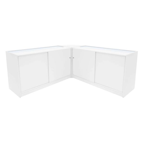 Hera LED Shop Counter Set in white, featuring sleek design, smooth surfaces, and integrated LED lighting for display enhancement