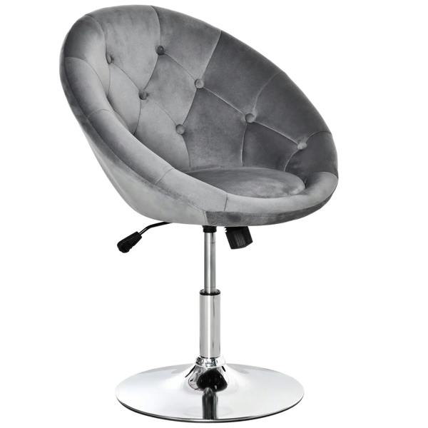 Grey velvet-look swivel dressing stool with button tufted oval back and padded seat