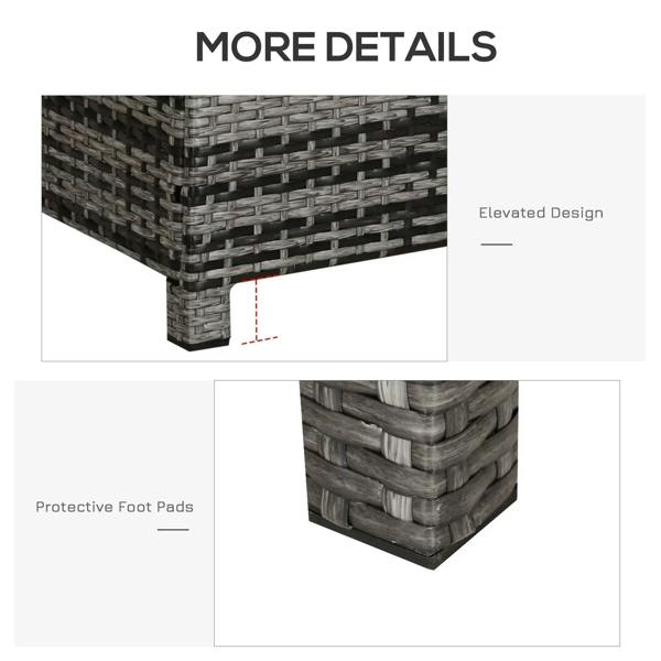 Grey PE rattan coffee table corner with resin-woven design and protective foot pads.