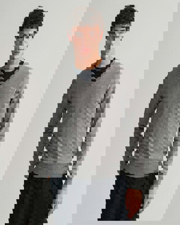 GANT Mens Classic Cotton V-Neck Jumper - 92 Dark Grey Melange