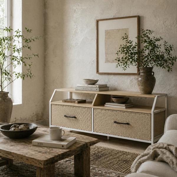 Wyld Haus Avamira Small 98cm Natural and White TV Stand With Foldable Drawers for TV's up to 55 Inches