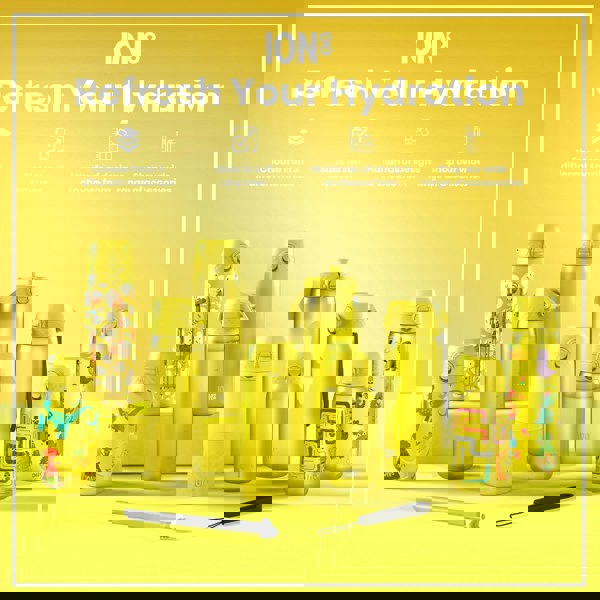 Several yellow ION8 water bottles, varying in size and design, are displayed on a yellow surface. The bottles feature different kid-friendly illustrations. Accompanying text advertises material choices, sizes, designs, and accessories.