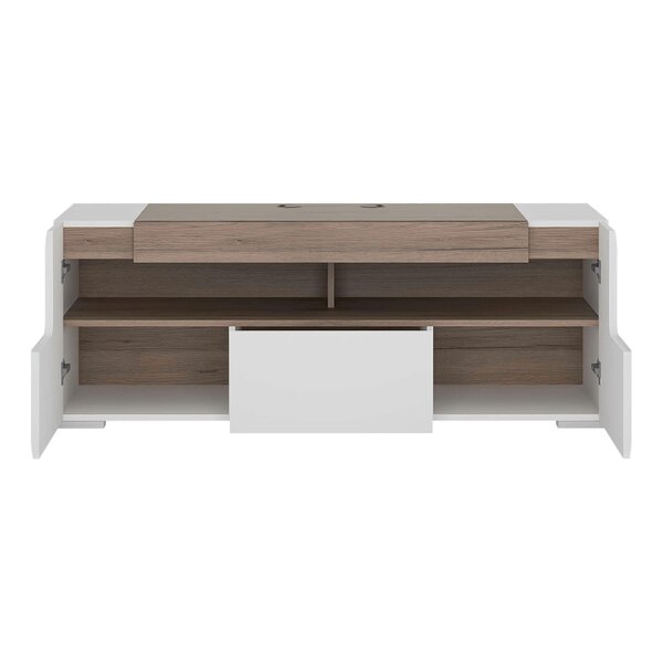 Wyld Haus Porto 140cm Gloss White TV Cabinet with Oak Detail 2 Doors and 1 Drawer