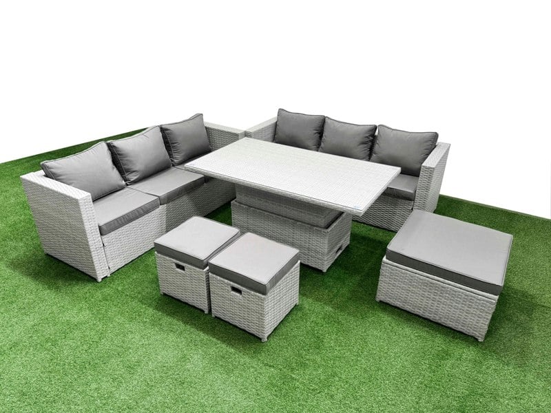 Fimous 6 PCs Rising Dining Table Set Rattan Furniture Set with 3 Seater Sofa 2 Small Footstools Big Footstool Light Grey