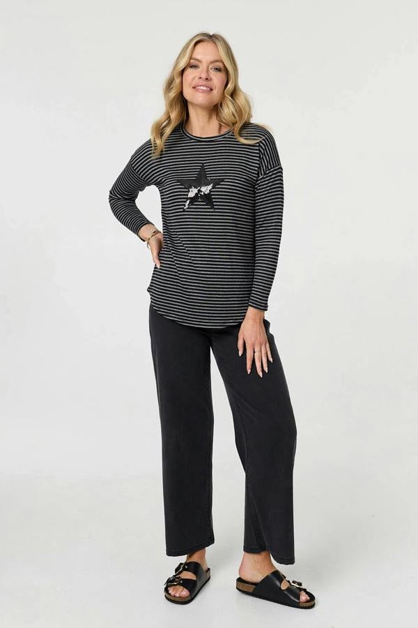 Grey | Striped Sequin Detail Long Sleeve Top
