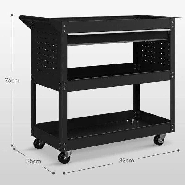 Bobobiy 3-Tier Tool Trolley Cart Storage Shelf Roller Cabinet DIY Box Garage Workshop with Drawer Black