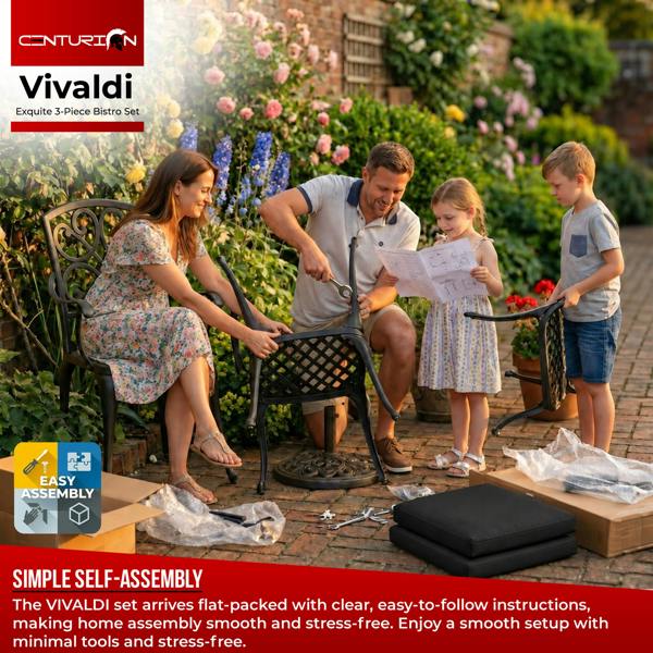 Centurion Supports VIVALDI Black 3-Piece Cast Aluminium Garden Bistro Set - with Black Cushions