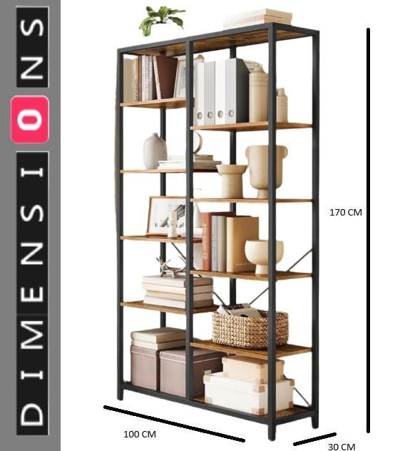 Modcraft 5-Tier Rustic Brown & Black Industrial Bookcase with 10 Compartments