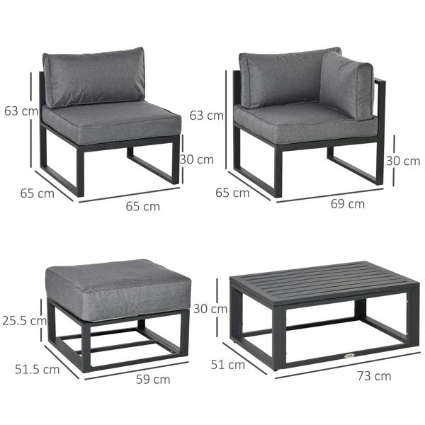 Grey outdoor sectional sofa with ottoman and coffee table, shown with size dimensions