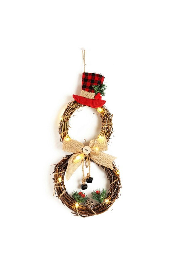 Living and Home Christmas Lighted Snowman with Hat Wreath Front Door Decor