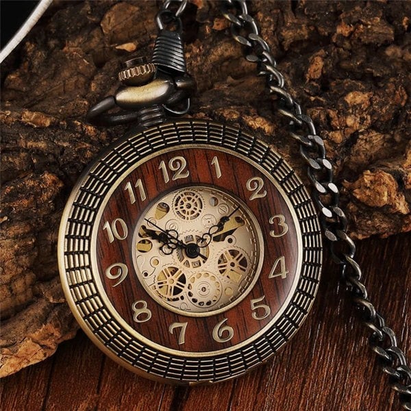 TruClothing Mechanical Skeleton Wooden Half Hunter Pocket Watch