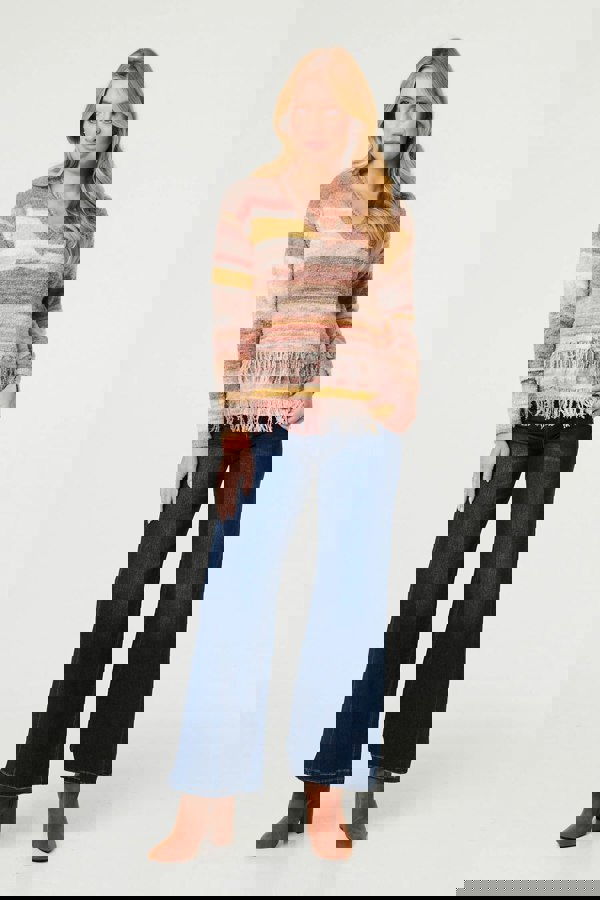 Pink | Striped Texture Tassel Hem Crop Jumper
