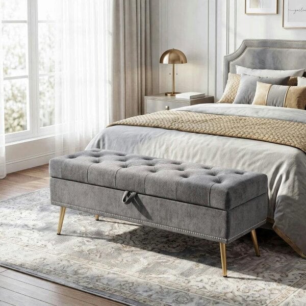 Storage Ottoman, Chenille Upholstered Ottoman Storage Box with Padded Seat, Metal Legs, 114 x 41 x 45 cm, Grey - Grey