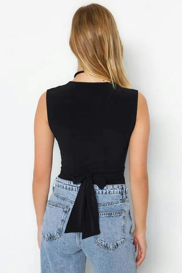 WOVCOR Tie Detail V Neck Fitted Long Sleeve Body