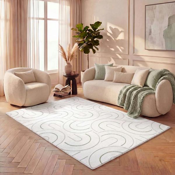 geometric design sage green colour rug, rectangular and runner shapes, high quality materials, soft and textured pile, easy to clean rug.